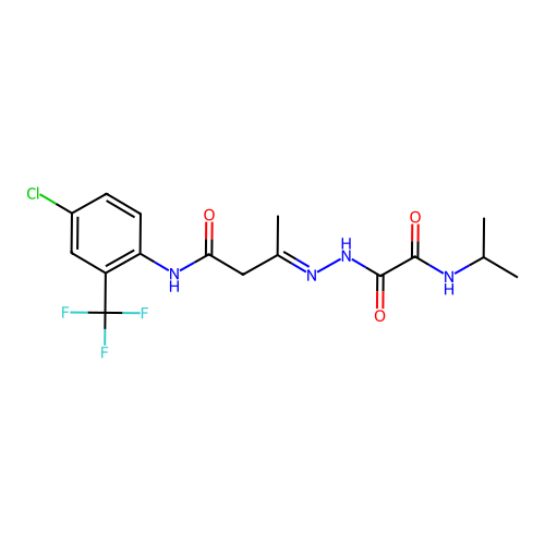 (3E)-N-[4-chloro-2-(trifluoromethyl)phenyl]-3-{2-[oxo(propan-2-ylamino)acetyl]hydrazinylidene}butanamide structure