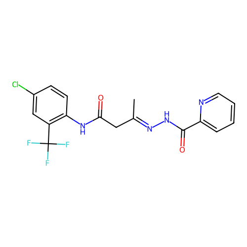 (E)-N-(4-chloro-2-(trifluoromethyl)phenyl)-3-(2-picolinoylhydrazono)butanamide structure