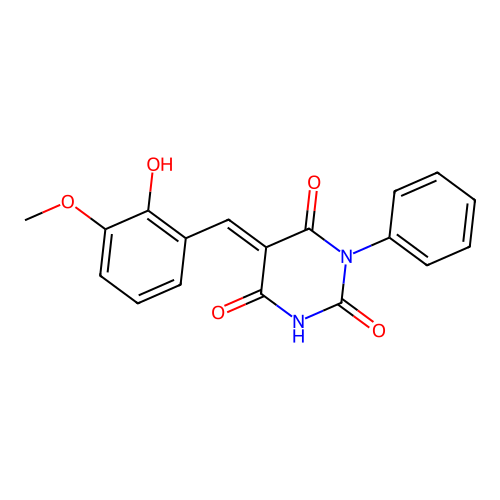 (5E)-5-(2-hydroxy-3-methoxybenzylidene)-1-phenylpyrimidine-2,4,6(1H,3H,5H)-trione structure
