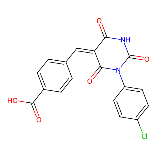 (Z)-4-((1-(4-chlorophenyl)-2,4,6-trioxotetrahydropyrimidin-5(2H)-ylidene)methyl)benzoic acid structure