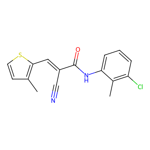 (2E)-N-(3-chloro-2-methylphenyl)-2-cyano-3-(3-methylthiophen-2-yl)prop-2-enamide structure