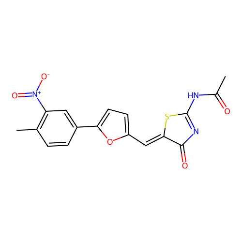 (E)-N-((Z)-5-((5-(4-methyl-3-nitrophenyl)furan-2-yl)methylene)-4-oxothiazolidin-2-ylidene)acetamide structure