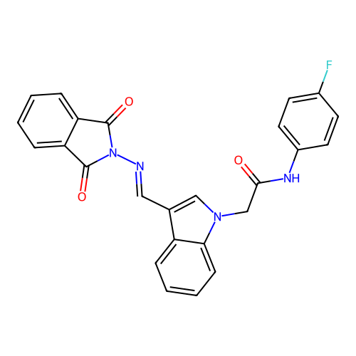 2-[3-[(E)-(1,3-dioxoisoindol-2-yl)iminomethyl]indol-1-yl]-N-(4-fluorophenyl)acetamide structure