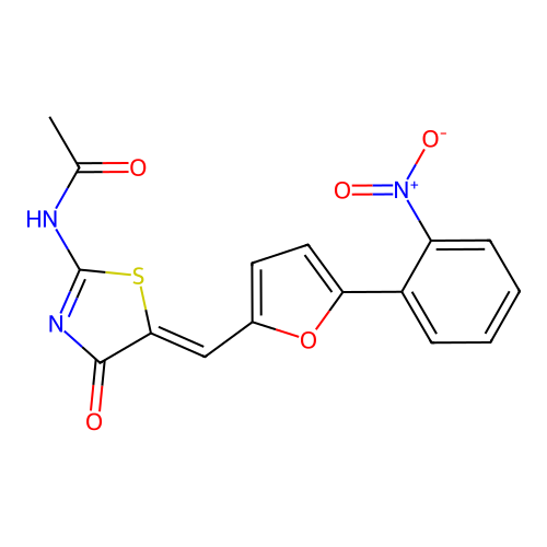 (E)-N-((Z)-5-((5-(2-nitrophenyl)furan-2-yl)methylene)-4-oxothiazolidin-2-ylidene)acetamide structure