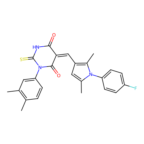 (5Z)-1-(3,4-dimethylphenyl)-5-[[1-(4-fluorophenyl)-2,5-dimethylpyrrol-3-yl]methylidene]-2-sulfanylidene-1,3-diazinane-4,6-dione structure
