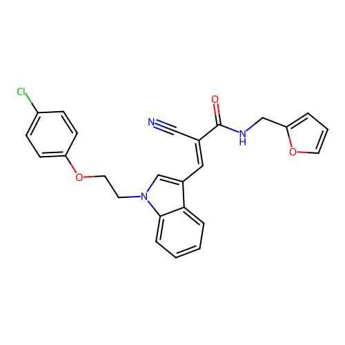 (2E)-3-{1-[2-(4-chlorophenoxy)ethyl]-1H-indol-3-yl}-2-cyano-N-(furan-2-ylmethyl)prop-2-enamide structure