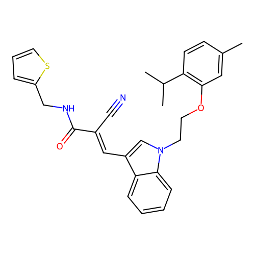 (2E)-2-cyano-3-(1-{2-[5-methyl-2-(propan-2-yl)phenoxy]ethyl}-1H-indol-3-yl)-N-(thiophen-2-ylmethyl)prop-2-enamide structure