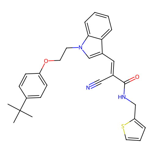 (2E)-3-{1-[2-(4-tert-butylphenoxy)ethyl]-1H-indol-3-yl}-2-cyano-N-(thiophen-2-ylmethyl)prop-2-enamide structure