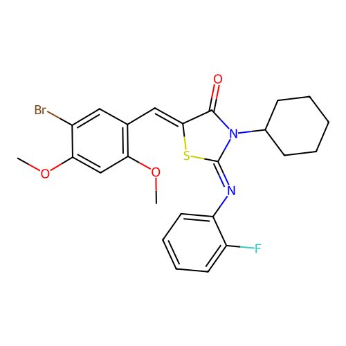 (2E,5Z)-5-(5-bromo-2,4-dimethoxybenzylidene)-3-cyclohexyl-2-((2-fluorophenyl)imino)thiazolidin-4-one structure