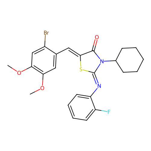 (2E,5Z)-5-(2-bromo-4,5-dimethoxybenzylidene)-3-cyclohexyl-2-((2-fluorophenyl)imino)thiazolidin-4-one structure