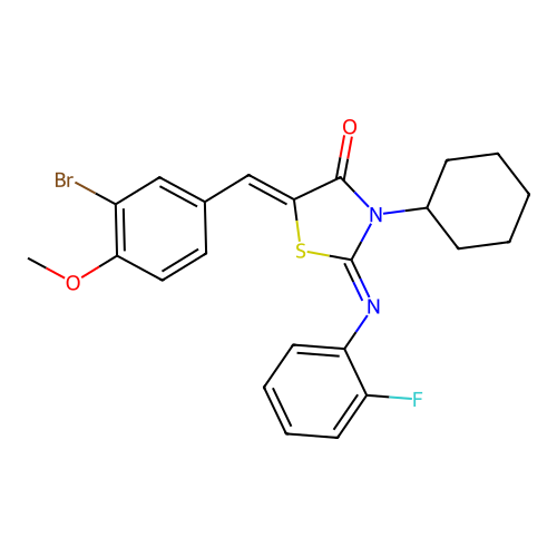 (2E,5Z)-5-(3-bromo-4-methoxybenzylidene)-3-cyclohexyl-2-((2-fluorophenyl)imino)thiazolidin-4-one structure