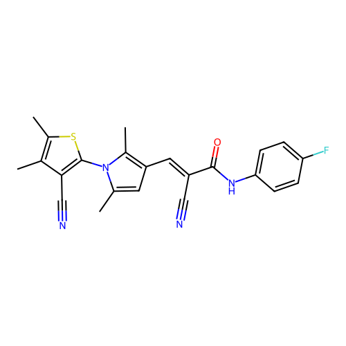 (2E)-2-cyano-3-[1-(3-cyano-4,5-dimethylthiophen-2-yl)-2,5-dimethyl-1H-pyrrol-3-yl]-N-(4-fluorophenyl)prop-2-enamide structure