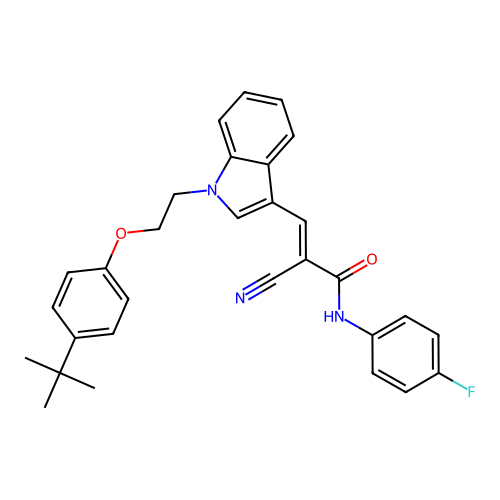 2-cyano-N-(4-fluorophenyl)-3-[1-[2-(4-tert-butylphenoxy)ethyl]indol-3-yl]prop-2-enamide structure