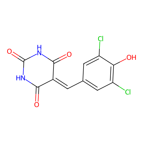 5-(3,5-dichloro-4-hydroxybenzylidene)pyrimidine-2,4,6(1H,3H,5H)-trione structure