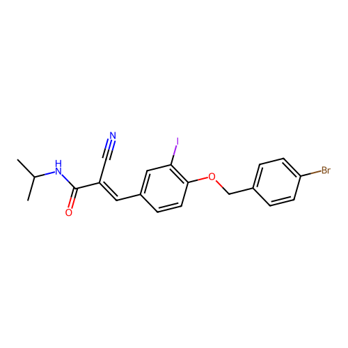 (2E)-3-{4-[(4-bromobenzyl)oxy]-3-iodophenyl}-2-cyano-N-(propan-2-yl)prop-2-enamide structure