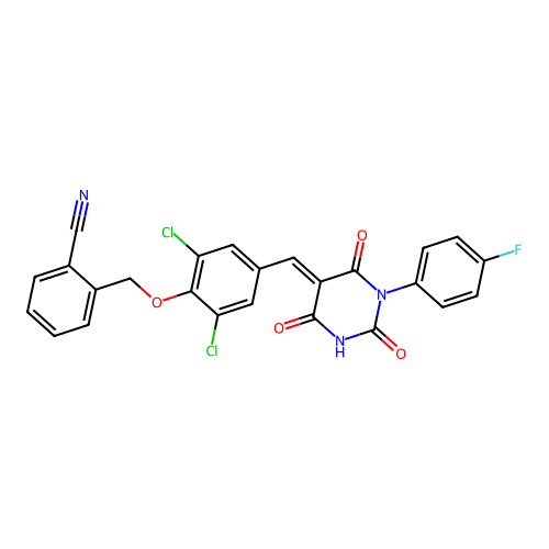 (E)-2-((2,6-dichloro-4-((1-(4-fluorophenyl)-2,4,6-trioxotetrahydropyrimidin-5(2H)-ylidene)methyl)phenoxy)methyl)benzonitrile structure