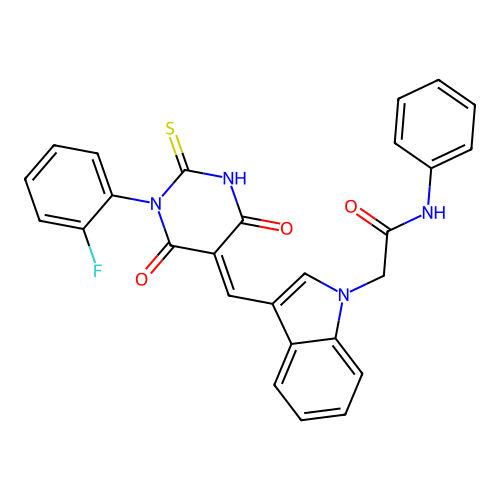 (E)-2-(3-((3-(2-Fluorophenyl)-4,6-dioxo-2-thioxo-tetrahydropyrimidin-5(6H)-ylidene)methyl)-1H-indol-1-yl)-N-phenylacetamide structure