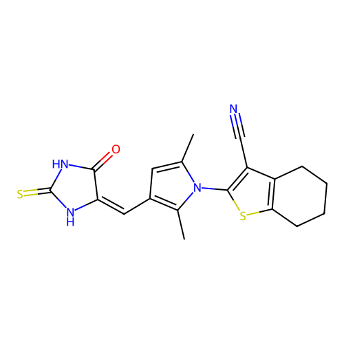 (E)-2-(2,5-dimethyl-3-((5-oxo-2-thioxoimidazolidin-4-ylidene)methyl)-1H-pyrrol-1-yl)-4,5,6,7-tetrahydrobenzo[b]thiophene-3-carbonitrile structure