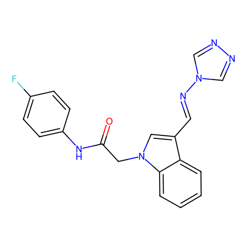N-(4-fluorophenyl)-2-[3-[(E)-1,2,4-triazol-4-yliminomethyl]indol-1-yl]acetamide structure