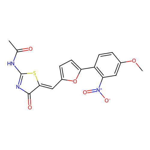 (E)-N-((Z)-5-((5-(4-methoxy-2-nitrophenyl)furan-2-yl)methylene)-4-oxothiazolidin-2-ylidene)acetamide structure