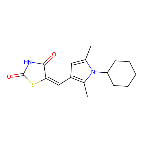 (5E)-5-[(1-cyclohexyl-2,5-dimethylpyrrol-3-yl)methylidene]-1,3-thiazolidine-2,4-dione structure