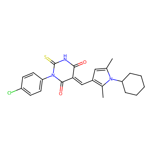 (E)-1-(4-chlorophenyl)-5-((1-cyclohexyl-2,5-dimethyl-1H-pyrrol-3-yl)methylene)-2-thioxodihydropyrimidine-4,6(1H,5H)-dione structure