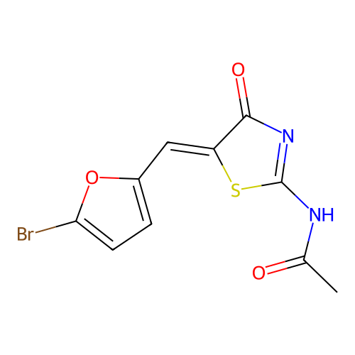 (E)-N-((Z)-5-((5-bromofuran-2-yl)methylene)-4-oxothiazolidin-2-ylidene)acetamide structure