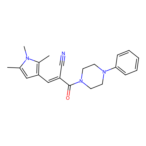 (E)-2-(4-phenylpiperazine-1-carbonyl)-3-(1,2,5-trimethyl-1H-pyrrol-3-yl)acrylonitrile structure