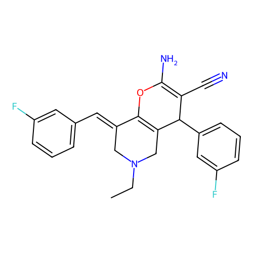 (8E)-2-amino-6-ethyl-8-(3-fluorobenzylidene)-4-(3-fluorophenyl)-5,6,7,8-tetrahydro-4H-pyrano[3,2-c]pyridine-3-carbonitrile structure