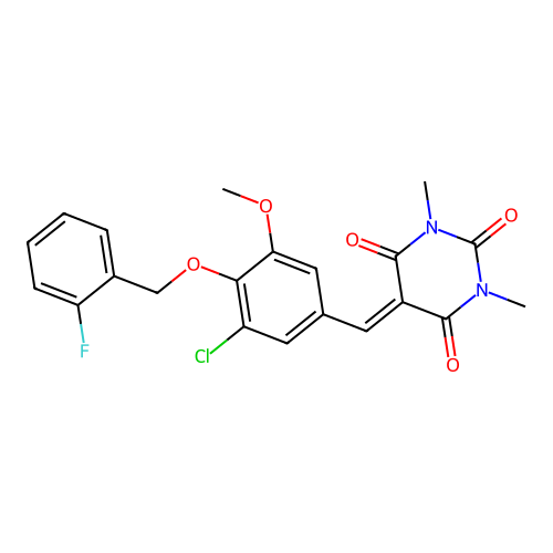 5-(3-chloro-4-((2-fluorobenzyl)oxy)-5-methoxybenzylidene)-1,3-dimethylpyrimidine-2,4,6(1H,3H,5H)-trione structure