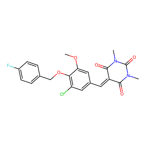 5-(3-chloro-4-((4-fluorobenzyl)oxy)-5-methoxybenzylidene)-1,3-dimethylpyrimidine-2,4,6(1H,3H,5H)-trione structure