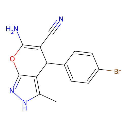 6-amino-4-(4-bromophenyl)-3-methyl-1,4-dihydropyrano[2,3-c]pyrazole-5-carbonitrile structure