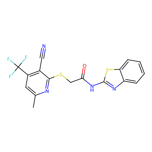 N-(1,3-benzothiazol-2-yl)-2-{[3-cyano-6-methyl-4-(trifluoromethyl)pyridin-2-yl]sulfanyl}acetamide structure