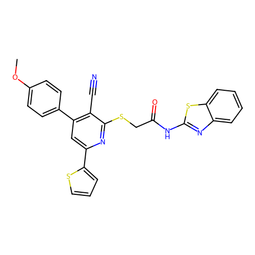 N-(1,3-benzothiazol-2-yl)-2-[3-cyano-4-(4-methoxyphenyl)-6-thiophen-2-ylpyridin-2-yl]sulfanylacetamide structure