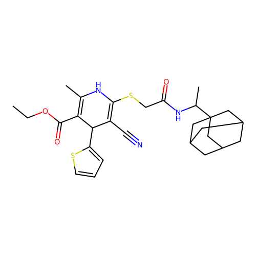 ethyl 6-[(2-{[1-(1-adamantyl)ethyl]amino}-2-oxoethyl)sulfanyl]-5-cyano-2-methyl-4-(2-thienyl)-1,4-dihydro-3-pyridinecarboxylate structure