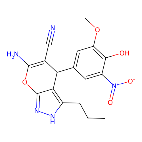 6-amino-4-(4-hydroxy-3-methoxy-5-nitrophenyl)-3-propyl-2,4-dihydropyrano[2,3-c]pyrazole-5-carbonitrile structure