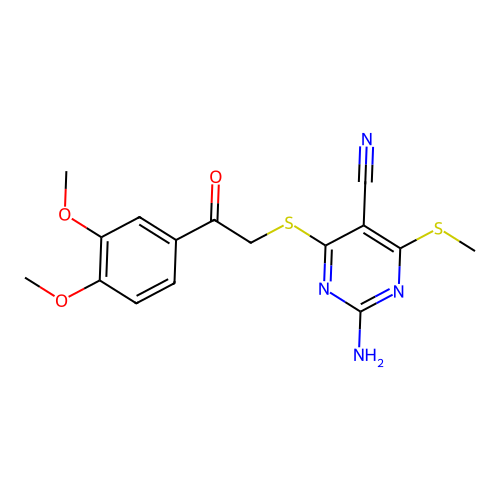 2-amino-4-((2-(3,4-dimethoxyphenyl)-2-oxoethyl)thio)-6-(methylthio)pyrimidine-5-carbonitrile structure
