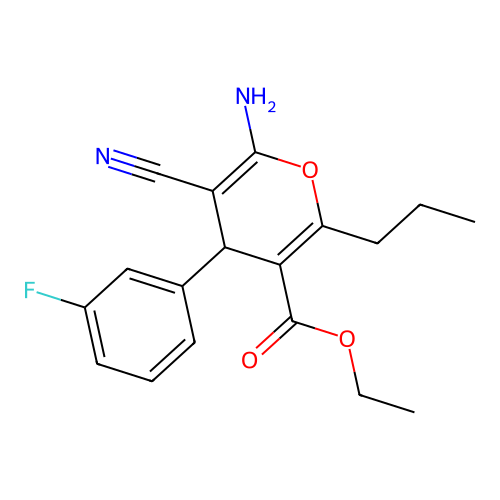 Ethyl 6-amino-5-cyano-4-(3-fluorophenyl)-2-propyl-4H-pyran-3-carboxylate structure
