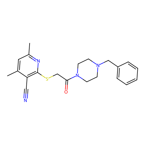 2-{[2-(4-benzylpiperazin-1-yl)-2-oxoethyl]sulfanyl}-4,6-dimethylpyridine-3-carbonitrile structure