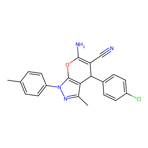 6-amino-4-(4-chlorophenyl)-3-methyl-1-(4-methylphenyl)-1,4-dihydropyrano[2,3-c]pyrazole-5-carbonitrile structure