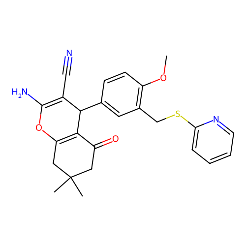 2-amino-4-{4-methoxy-3-[(2-pyridinylsulfanyl)methyl]phenyl}-7,7-dimethyl-5-oxo-5,6,7,8-tetrahydro-4H-chromene-3-carbonitrile structure
