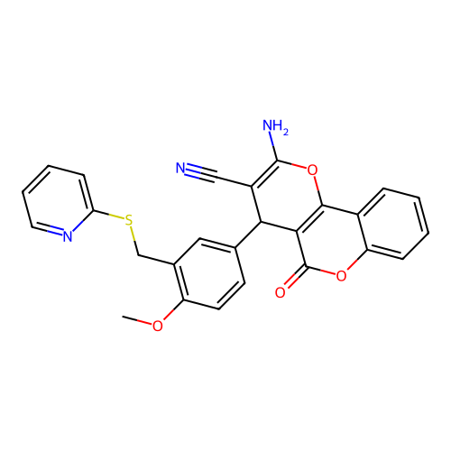 2-amino-4-{4-methoxy-3-[(pyridin-2-ylsulfanyl)methyl]phenyl}-5-oxo-4H,5H-pyrano[3,2-c]chromene-3-carbonitrile structure