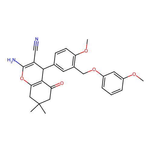 2-amino-4-{4-methoxy-3-[(3-methoxyphenoxy)methyl]phenyl}-7,7-dimethyl-5-oxo-5,6,7,8-tetrahydro-4H-chromene-3-carbonitrile structure