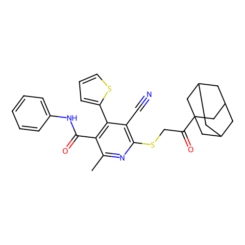 [6-(2-adamantanyl-2-oxoethylthio)-5-cyano-2-methyl-4-(2-thienyl)(3-pyridyl)]-N -benzamide structure