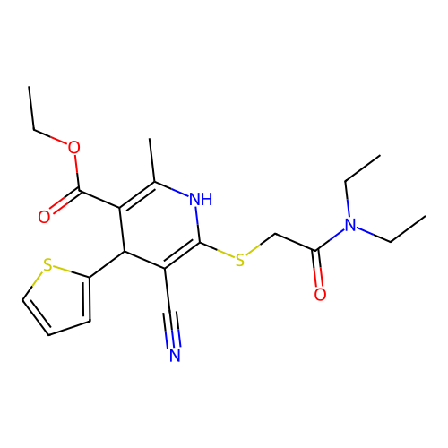 ethyl 5-cyano-6-((2-(diethylamino)-2-oxoethyl)thio)-2-methyl-4-(thiophen-2-yl)-1,4-dihydropyridine-3-carboxylate structure