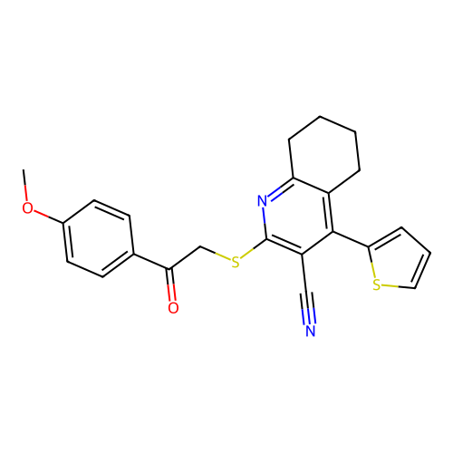 2-{[2-(4-methoxyphenyl)-2-oxoethyl]sulfanyl}-4-(thiophen-2-yl)-5,6,7,8-tetrahydroquinoline-3-carbonitrile structure