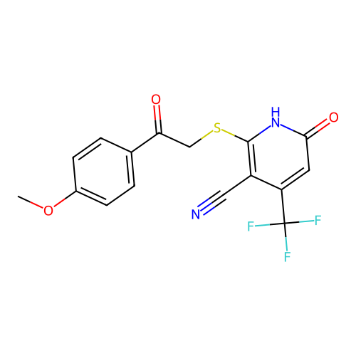 2-((2-(4-methoxyphenyl)-2-oxoethyl)thio)-6-oxo-4-(trifluoromethyl)-1,6-dihydropyridine-3-carbonitrile structure