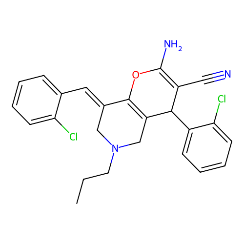2-amino-8-(2-chlorobenzylidene)-4-(2-chlorophenyl)-6-propyl-5,6,7,8-tetrahydro-4H-pyrano[3,2-c]pyridine-3-carbonitrile structure