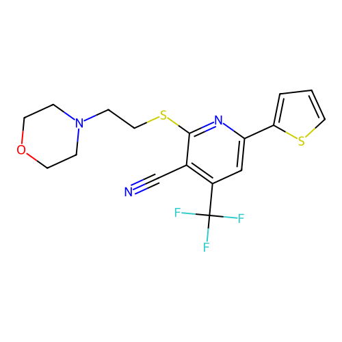 2-(2-morpholin-4-ylethylsulfanyl)-6-thiophen-2-yl-4-(trifluoromethyl)pyridine-3-carbonitrile structure