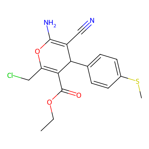 ethyl 6-amino-2-(chloromethyl)-5-cyano-4-[4-(methylsulfanyl)phenyl]-4H-pyran-3-carboxylate structure
